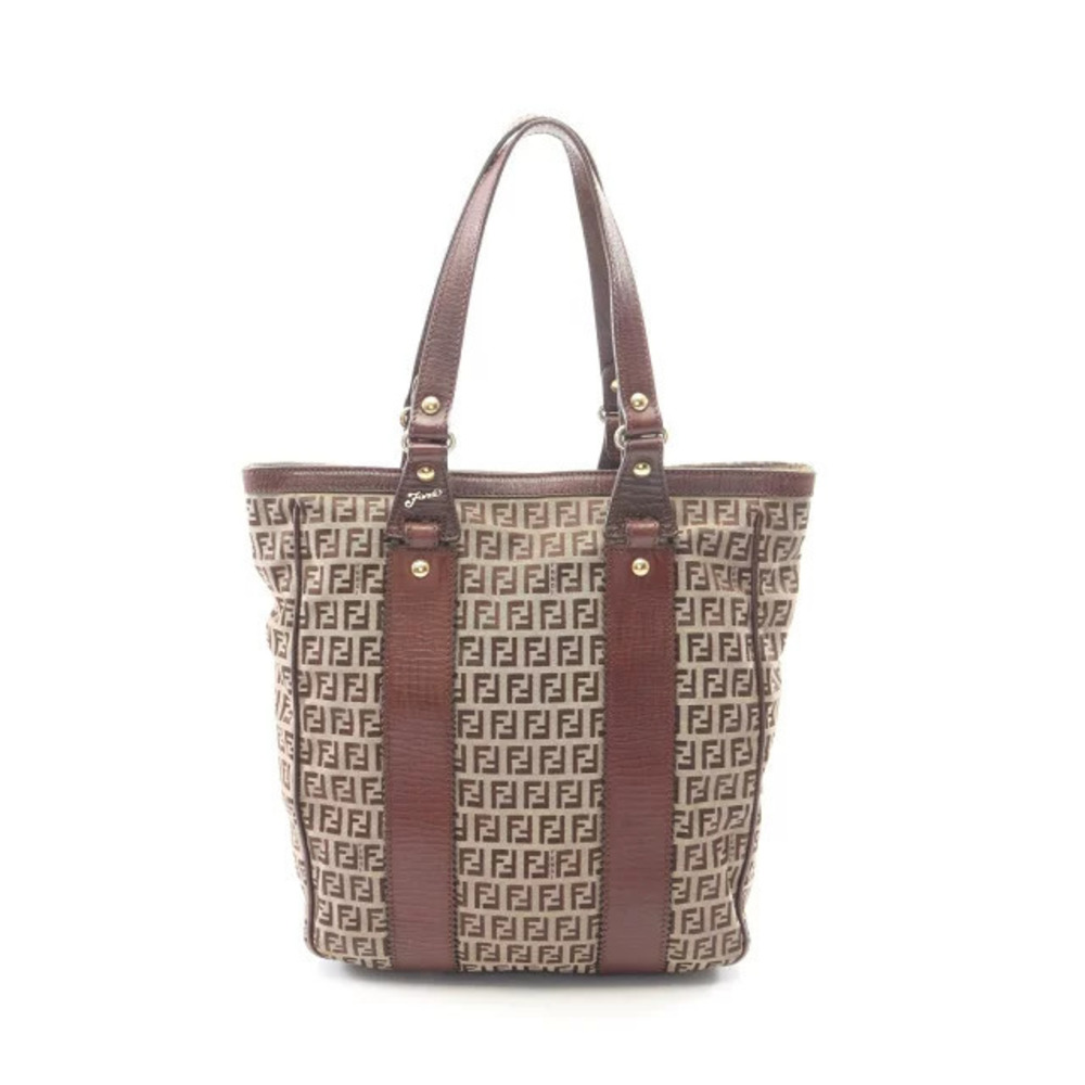 Fendi Zucchino Tote Bag Canvas Leather Beige Cream Brown